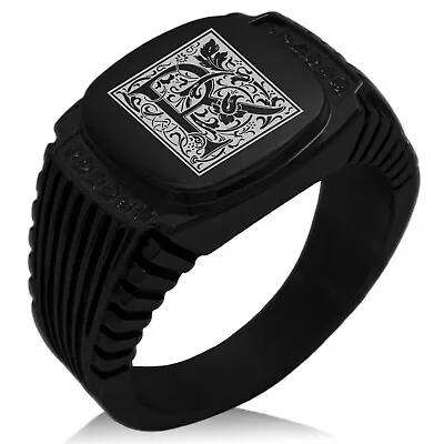 Stainless Steel Mens Royal Box Monogram Initial CZ Striped Black Signet Ring • $15