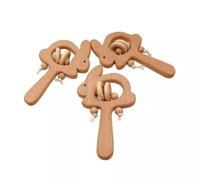 Rattle Rattles Wooden Teether Toy Sensory Chew Beech Wood • £6.29
