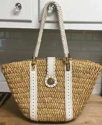 Michael Kors Santorini Corn Husk Basket Purse XL White Gold Beach Tote READ Desc • $29.95