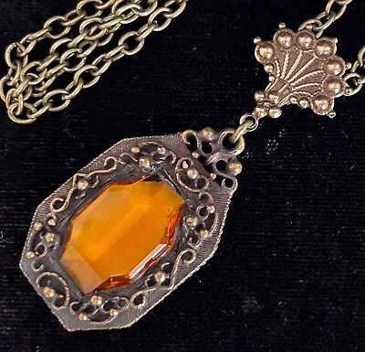 Vintage Necklace Etruscan Style Lavalier Pendant Antique Amber Czech Glass • $28