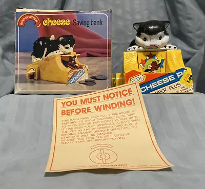 Vintage 1980s Wind-Up Cat Cheese Saving Bank Works- New Open Box.  Box Damaged • $24.99