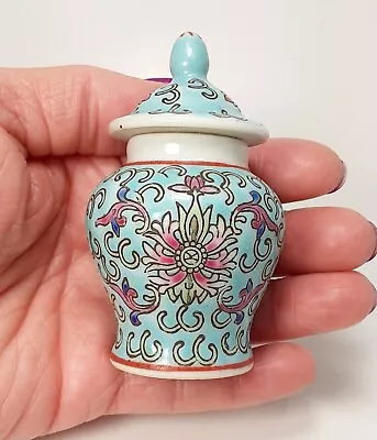 $18 • Buy Ginger Temple Jar Miniature Tiny Ceramic Light Blue Swirl Floral Hand Painted 