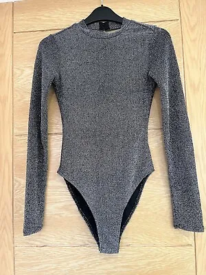 £10 • Buy H&M Black & Silver Glittery Body Suit With Cut-Out Back Sparkly Size Extra Small