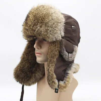 Real Rabbit Fur Ushanka Trapper Hat Earflap Ski Cap Russian Hunter Winter Warm@@ • £25.14