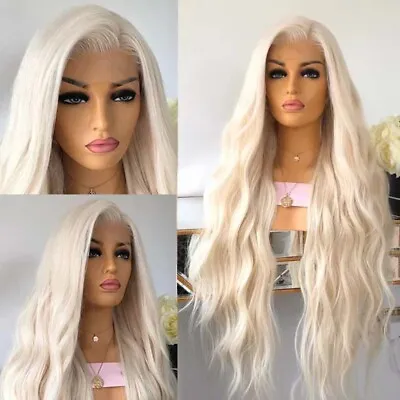 UK 24inch Synthetic Hair Lace Front Wigs Women Blonde 60 Handtied Long Wavy • £28.49