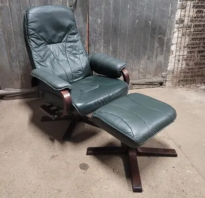 Unico Danish Retro Vintage Green Leather Armchair And Footstool • £250