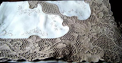 Antique Italian Lace Linen Tablecloth Point Venise Point In Aria Emb/ry H Done • $199.99