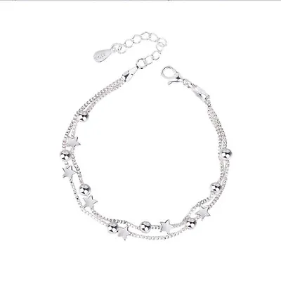 925 Sterling Silver Plated Star Beads Love Bracelet Shinny Gift Couple Crystal • £3.99