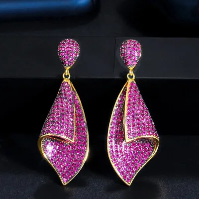 Rose Red Micro Pave CZ Long Dangle Earrings Multi-Tone Gold Plated Jewellery • $10.60