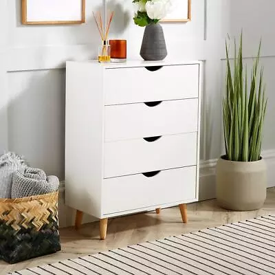 White Chest Of 4 Drawers Bedroom Storage Solid Wood Legs Scandi Style • £59.99