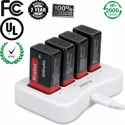 9V Battery 850mAh 9V Rechargeable Lithium Batteries Smart 9V Battery Charger LOT • £72.97