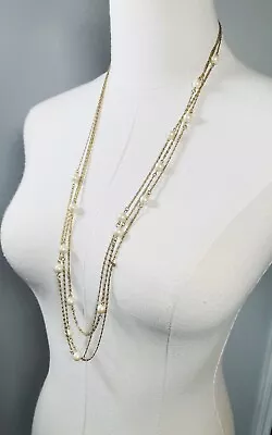 Vintage Monet Multi Strand Necklace 3 Gold Tone Chains With Pearls Classic MCM • $34.95