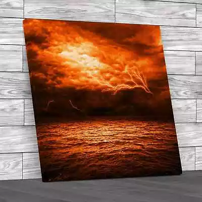 Lightning Rough Seascape Square Orange Canvas Print Large Picture Wall Art • £29.95