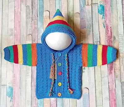 Newborn New Hand Knitted Baby Hooded Cardigan. Chest 16 Inches. • £8.90