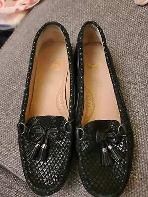 M&S Footglove Size 7 Black Leather Bow Front Slip On Moccasin Loafers • £13.50