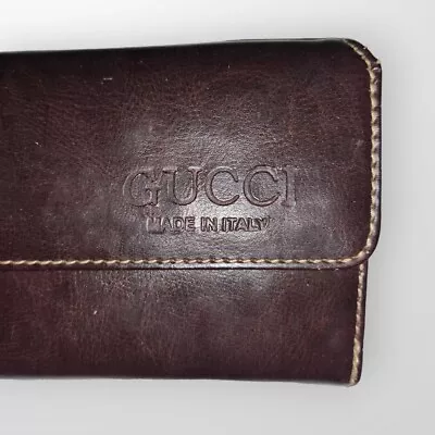 GUCCI Vintage Logo Embossed Leather Wallet Trifold Italy Dark Brown NEEDS REPAIR • $99.80