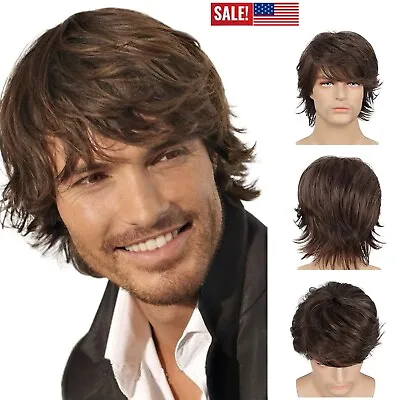Men Short Brown Wig Natural Fluffy Synthetic Hair Wig Heat Resistant For Cosplay • $11.58