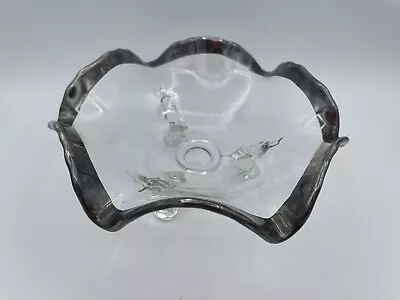 Vintage Clear Silver Metal Wavy Rim Footed Glass Candy Bowl Dish 6” • $14