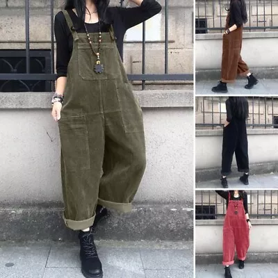 ZANZEA Womens Dungarees Corduroy Jumpsuit Autumn Wide Leg Long Pants Overalls AU • $36.05