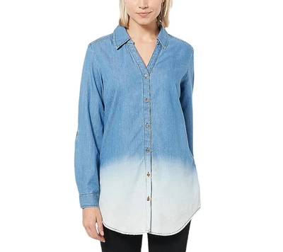 $21.99 • Buy Susan Graver Chambray Dip-Dye Y Neck Tunic Shirt Light Chambray