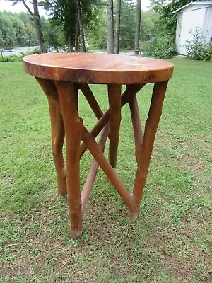 Vtg Rustic Log Night Table/solid Wood/branch/log Cabin/unique/round Top! • $249.95
