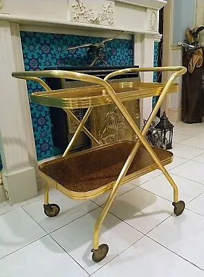 Lovely Retro Vintage Folding Gold Brown Two Tier Drinks Tea Trolley • £69.99