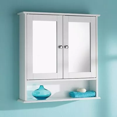 Bathroom Wall Cabinet With Mirror Storage Cupboard Wooden Shelves White • £30