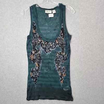 Miss Me Women Top L Blue Striped Sheer Tank Silk Blend Rhinestone Scoop Neck • $19.91