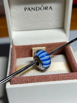 Genuine Pandora Silver Blue & White Candy Stripe Murano Glass Bead Charm 925 ALE • £10
