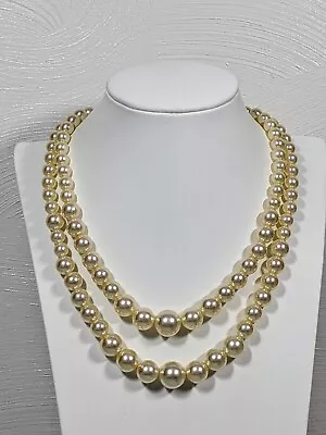 Vintage Ivory Color Acrylic Faux Pearl Two Strand Choker Necklace 16 Inch • $7.34