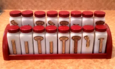 VTG Griffiths Purified Spice Set 16 Milk Glass Jars Red Art Deco Rack 13  EXC! • $0.99