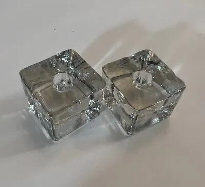 2 Clear Art Glass ICE CUBE Candle Holders Approx 1 1/8  Square Recycled Texture • $15.95