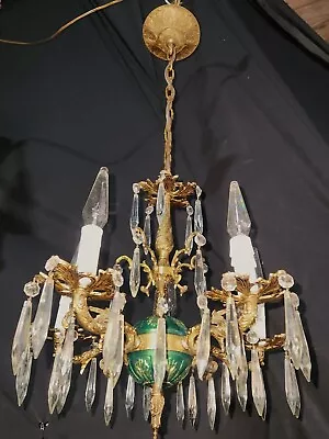 VINTAGE FRENCH PETITE BRASS CEILING CHANDELIER FIXTURE CRYSTALS 50's REWIRED • $460