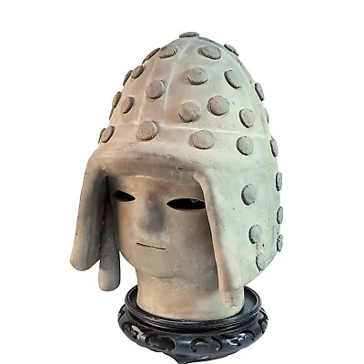 Haniwa Warrior Head Helmet  Contemporary Japan Sculpture W/ Hard Wood Stand 12  • $135
