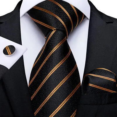 DiBanGu Black Gold Mens Silk Tie Set Striped Necktie Pocket Square Cufflinks • $11.01