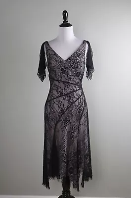 NICOLE MILLER New York Vintage Beige Lined Black Lace Asymmetric Dress Size 4 • $44.99