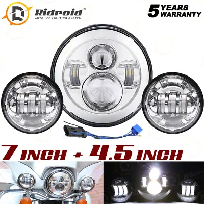 $62.99 • Buy Round Chrome 7  LED Projector Headlight + 4.5  Passing Lamp For Harley Touring