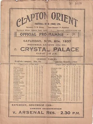 £125 • Buy Clapton Orient V Crystal Palace Programme 6.11.1937