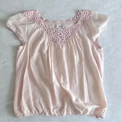 MSSP Max Studio Women's Baby Pink Peasant Crochet Top Size L Silk Cotton Blend • $12