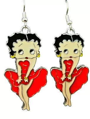 Betty Boop Dangle Earrings*red Dress Pin Up Pose*stainless Steel Wires*enamel* • $3.50