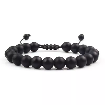 Handmade Natural Stone Matte Black Onyx Beaded Bracelet Men's Women's Adjustable • $7.99