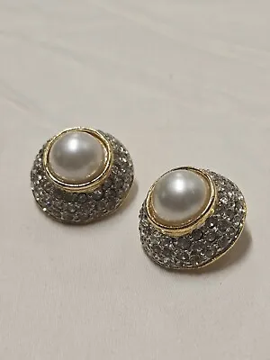 Vintage KJL KENNETH JAY LANE Pave Rhinestone Pearl Earrings COUTURE COLLECTION • $45