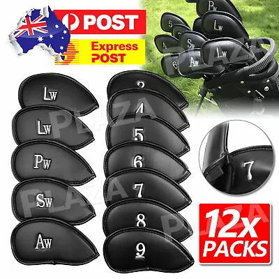$16.85 • Buy 12 PCS PU Leather Head Covers Golf Iron Club Putter Headcover 3-SW Set Black AU