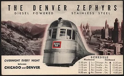 $6.50 • Buy Postcard - Train - The Denver Zephyrs - Chicago Denver Schedule  1936 - Unposted