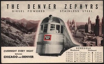 $6.50 • Buy Postcard - Train - The Denver Zephyrs - Chicago Denver Schedule  1936 - Unposted