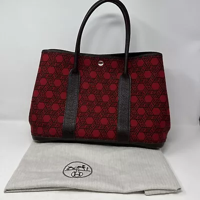 Hernes Toile So H Vache Country Garden Party Tote 30 Rouge Garance Havane Auth • $1998