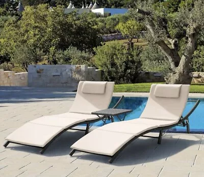 3 Piece Outdoor Rattan Wicker Chaise Lounge Chair And Folding Table Set • $132.99