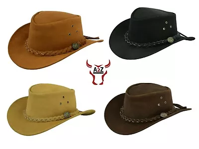 Men's Real Leather Australian Western Cowboy Style Tan Crazy Horse Bush Hat • £16.99