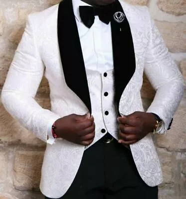 Men Suit White Shawl Lapel Paisley Floral Prom Party Groom Tuxedo Wedding Custom • $95.04