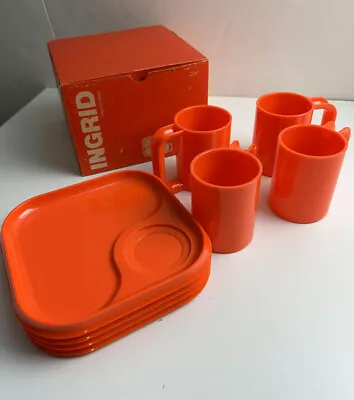 Ingrid Chicago Bright Orange  Melmac Plate Set Of 4 Mugs & Trays Vintage MCM • $30